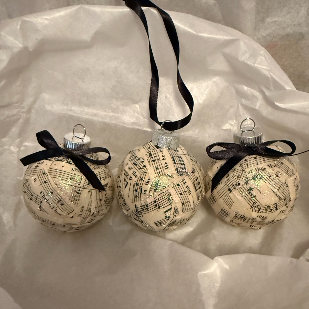 Handmade Music Sheet Cream Christmas GlassOrnaments with Black Ribbon - Set of 3